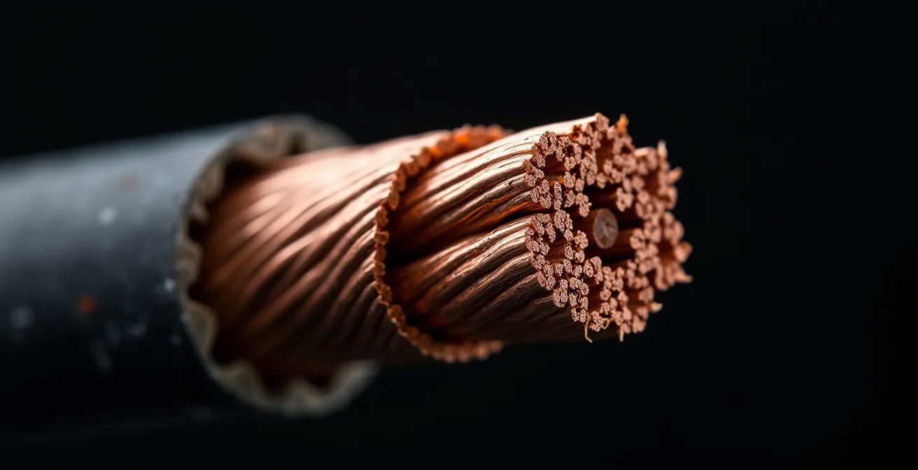 Gros plan sur l'usure progressive d'un câble électrique montrant la dégradation invisible