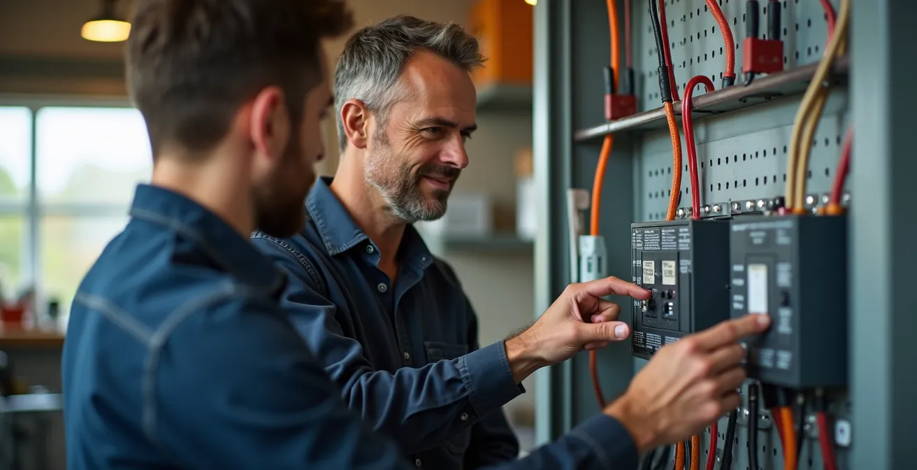 Un électricien expérimenté explique les détails techniques d'un tableau électrique à un client