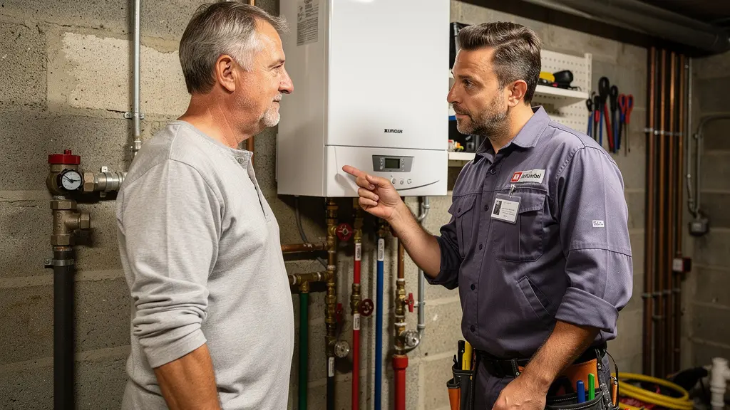 Propriétaire et chauffagiste discutant dans une chaufferie résidentielle à Cholet