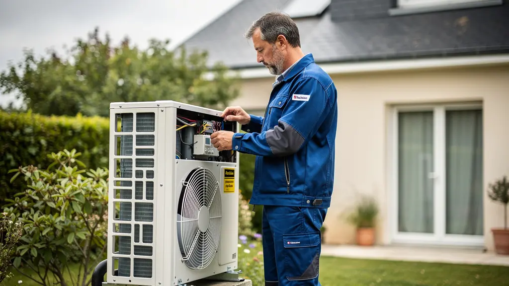 Technicien chauffagiste inspectant une pompe à chaleur dans un jardin résidentiel à Cholet