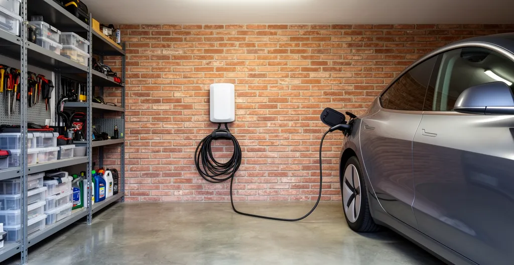 Borne de recharge murale installée dans un garage avec véhicule électrique