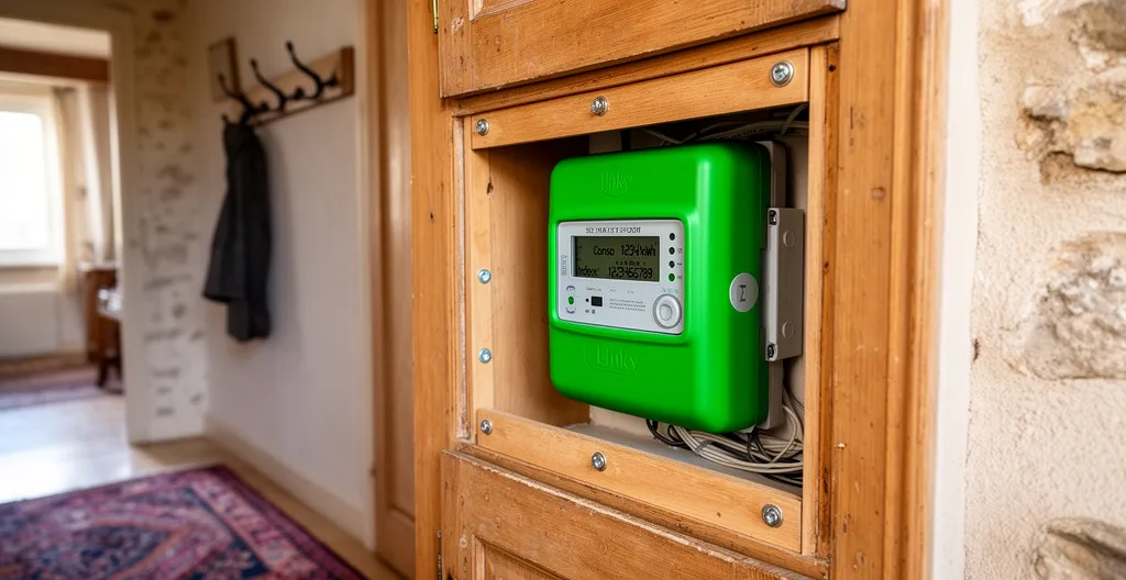 Compteur Linky installé dans une entrée de maison française