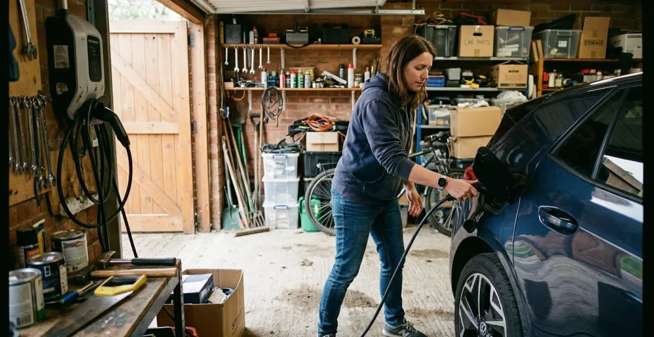 Une personne branche un câble de recharge sur une voiture électrique garée dans un garage résidentiel, lumière naturelle de fin de journée
