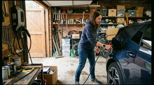 Une personne branche un câble de recharge sur une voiture électrique garée dans un garage résidentiel, lumière naturelle de fin de journée