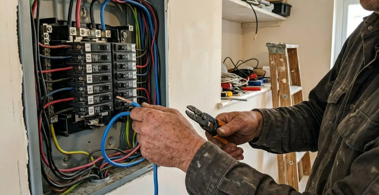 Gros plan sur les mains d'un électricien travaillant sur un tableau électrique domestique, arrière-plan flou