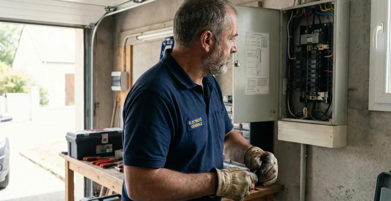 Électricien IRVE inspectant un tableau électrique dans un garage toulousain