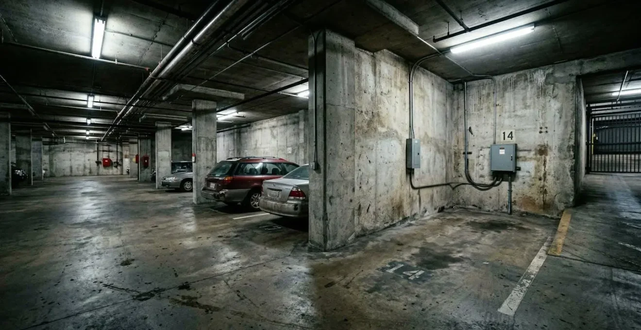 Vue d'ensemble d'un parking souterrain de copropriété avec plusieurs véhicules stationnés, éclairage fluorescent typique
