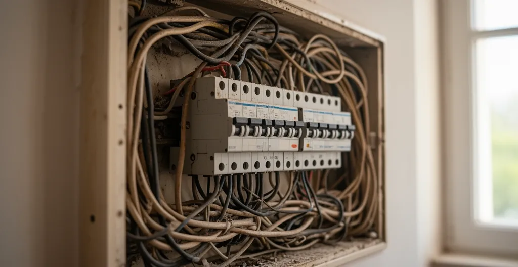 Tableau électrique saturé dans une maison toulousaine des années 80